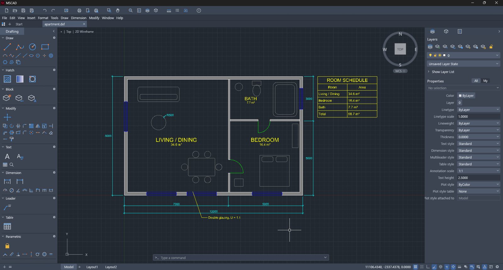 MSCAD: A floor plan in Drafting