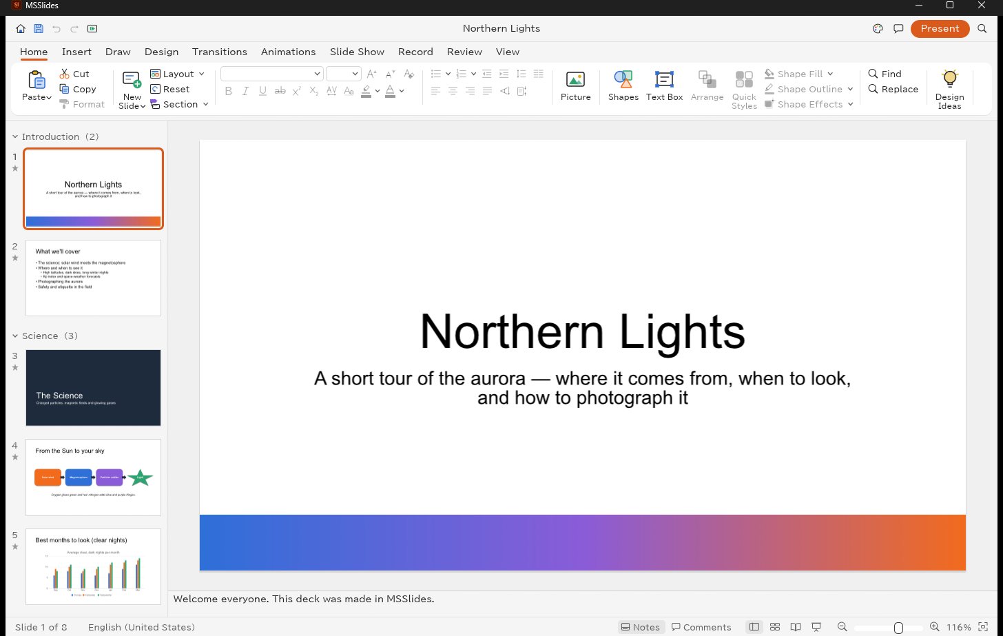 MSSlides: Slides, sections and ribbon